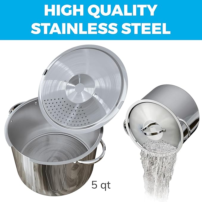 Stainless Steel Pasta Pot with Strainer Lid - 5.5 Quart Large Spaghetti Pot - Twist & Lock for Easy Drain & No Colander Or Strainer Basket Insert Needed - Dishwasher Safe Pots