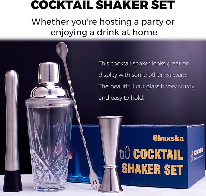 Cocktail Shaker Set - Glass Mixed Drink Shakers Cocktail Set, Martini Shaker with Strainer for Bars, Whiskey, Cocktails (Silver Set)