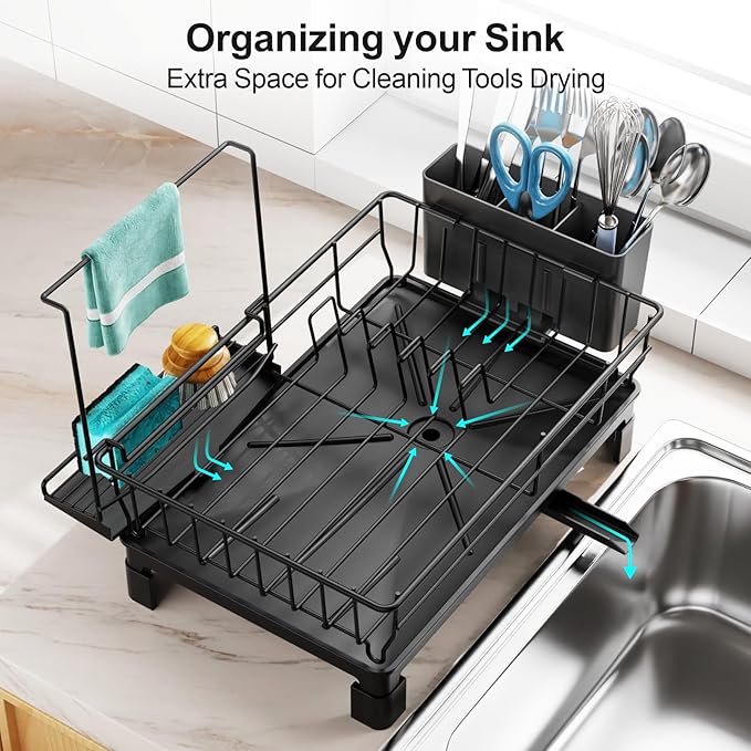 GSlife Dish Drying Rack with Sponge Holder for Kitchen Counter - Small Dish Racks for RV and Small Apartment, Compact Dish Drainer with Utensil Holder and Drain Spout, Black