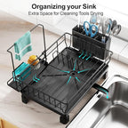 GSlife Dish Drying Rack with Sponge Holder for Kitchen Counter - Small Dish Racks for RV and Small Apartment, Compact Dish Drainer with Utensil Holder and Drain Spout, Black