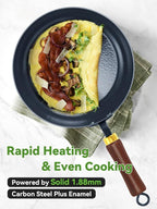 Nonstick Frying Pan, 9.5-Inch Enameled Carbon Steel Pan, Stay-Cool Wooden Handle Stir-Fry Pan, Non Toxic, PTFE & PFOA Free Oven-Safe, Season-Free Carbon Steel Skillet For All Stovetops