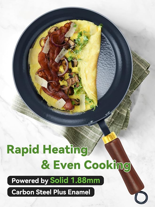 Nonstick Frying Pan, 9.5-Inch Enameled Carbon Steel Pan, Stay-Cool Wooden Handle Stir-Fry Pan, Non Toxic, PTFE & PFOA Free Oven-Safe, Season-Free Carbon Steel Skillet For All Stovetops