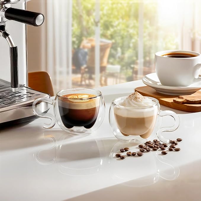 ecooe 4.4 Oz Cute Cat Double Wall Glasses Espresso Cups Set of 2, Demitasse Cups, Espresso Shots Coffee Cups Birthday Christmas Gifts for Women,Men, Mum, Kids, 130 ml (full capacity)