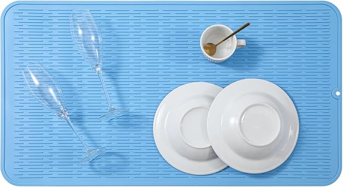 Silicone Dish Drying Mat for Multiple Usage,Easy clean,Eco-friendly,Heat-resistant Silicone Mat for Kitchen Counter or Sink,Refrigerator or Drawer Liner Light Blue 3XL 28 inches x 18 inches