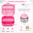 Bento Lunch Box with Thermo, 4-Compartment Bento Box with Adjustable Dividers, Leakproof Dinosaur Lunch Box with 14.2OZ Insulated Food Jar & Sauce Jar, for School Office Travel(Pink)