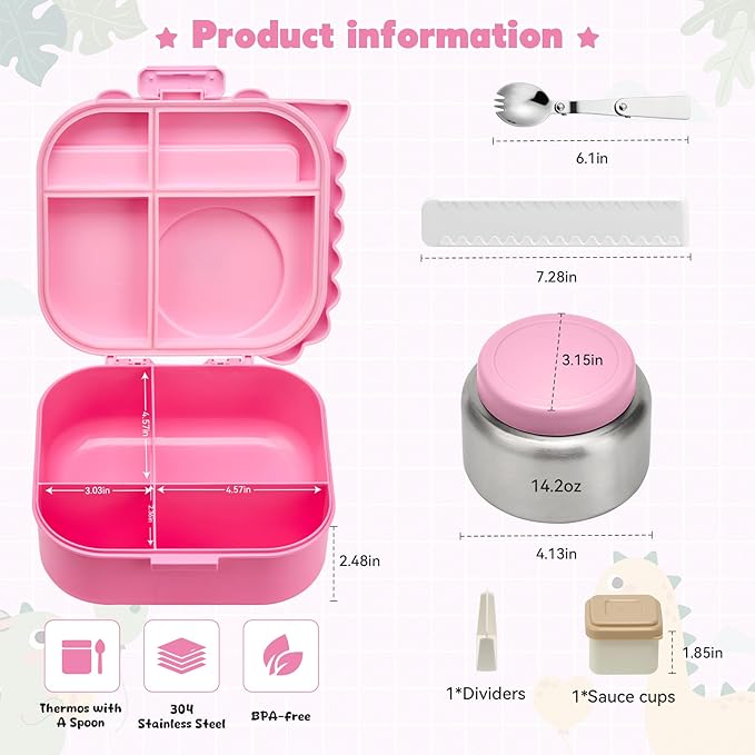 Bento Lunch Box with Thermo, 4-Compartment Bento Box with Adjustable Dividers, Leakproof Dinosaur Lunch Box with 14.2OZ Insulated Food Jar & Sauce Jar, for School Office Travel(Pink)