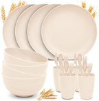 Wheat Straw Dinnerware Sets for 4 - GreenChoice Lightweight & Unbreakable Dishes Microwave & Dishwasher Safe Perfect for Camping, Picnic, RV, Dorm Plates, Cups and Bowls (Beige)