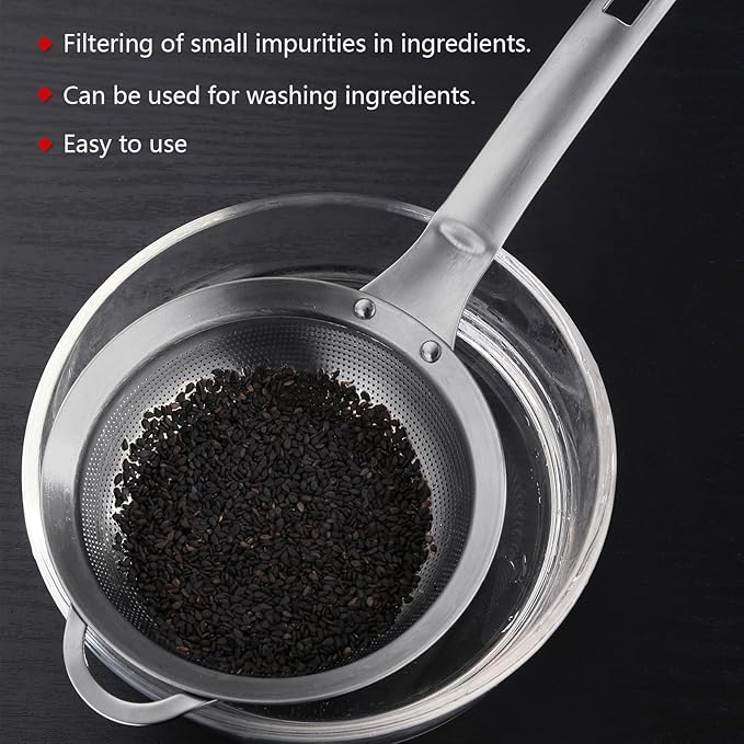 Punch Hole Sieve Fine Mesh Stainless Steel Small Colander Strainer With Handle Metal Micro Sifter Set of 2 for Kitchen Baking and Food Filter Rice,Tea,Pasta,Flour,Juice,Mini 3.55 and 4.33 Inch