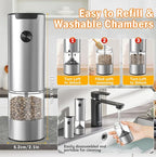 Electric Salt and Pepper Grinder, Stainless Steel Pepper Mill with Light, Adjustable Coarseness Salt & Pepper Mill Electronic Pepper Shaker Battery Operated One Handed Operation Grinder (Silver)