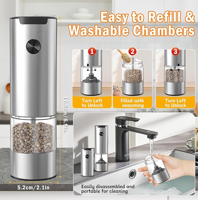 Electric Salt and Pepper Grinder, Stainless Steel Pepper Mill with Light, Adjustable Coarseness Salt & Pepper Mill Electronic Pepper Shaker Battery Operated One Handed Operation Grinder (Silver)
