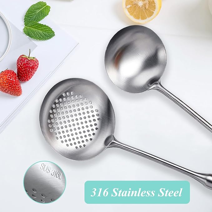Soup Ladle and Slotted Spoon Set of 2, Metal 316 Stainless Steel Kitchen Ladles Food Strainer, Large Cooking Ladel and Fryer Scoop Kitchen Utensil Set for Stirring Serving Draining Frying