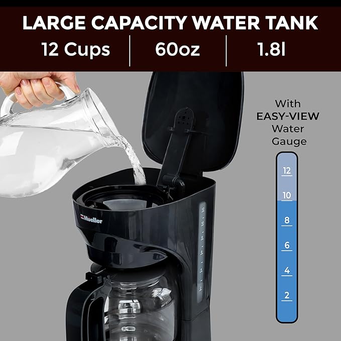 Mueller 12-Cup Drip Coffee Maker - Borosilicate Carafe, Auto-Off, Reusable Filter, Anti-Drip, Keep-Warm Function, Clear Water Level Window Coffee Machine, Kitchen Essentials & Accessories
