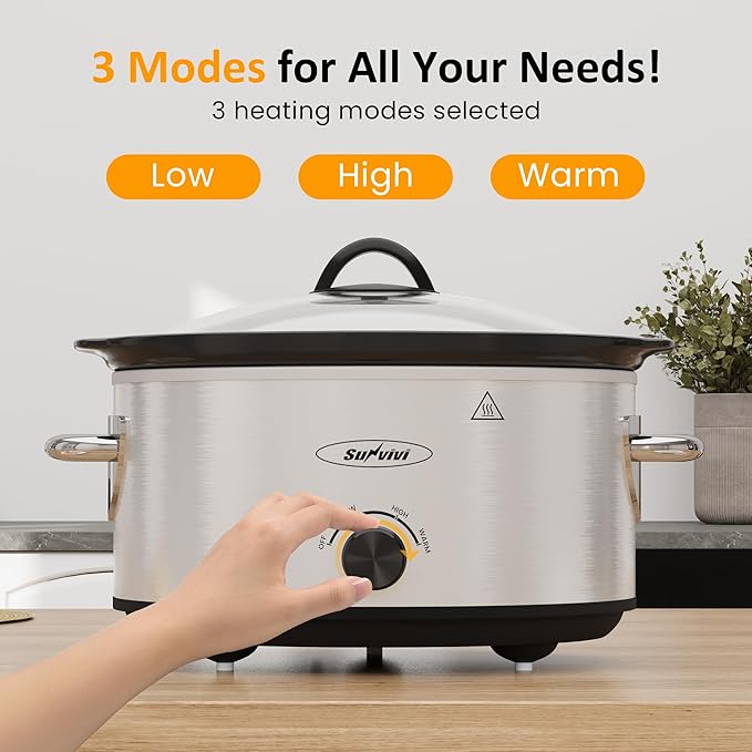 4QT Slow Cooker & Mini Food Warmer with Removable Ceramic Pot, 3 Heating Settings, Dishwasher Safe Glass Lid, Stainless Steel,Sliver