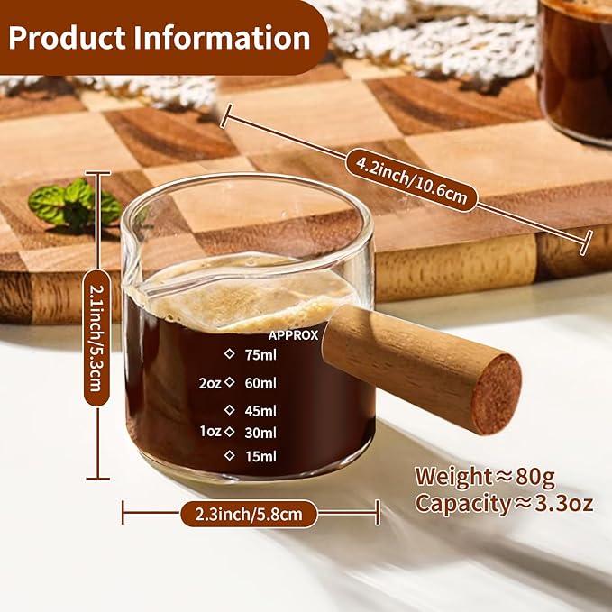 YARRAMATE 3.4oz Espresso Shots Cup with Wood Handle, Clear Glass Espresso Measuring Cup with Dual Scale, Shot Glass with Single Spout