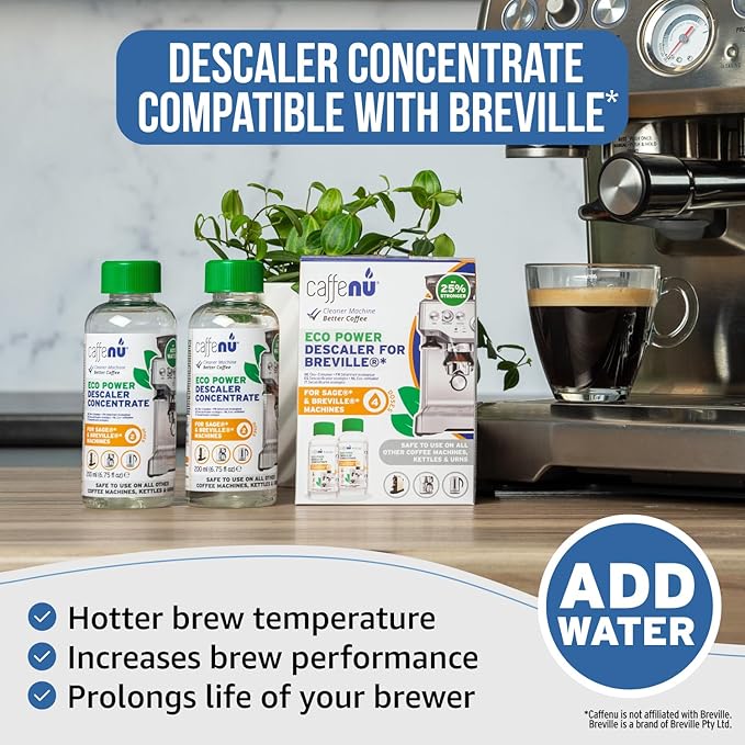 Breville Compatible Descaling Solution. 2 Bottles of Descaler Solution. Descaling Kit Removes Limescale For Hotter Coffee. 4 Uses Descaler For Breville Coffee Machines.
