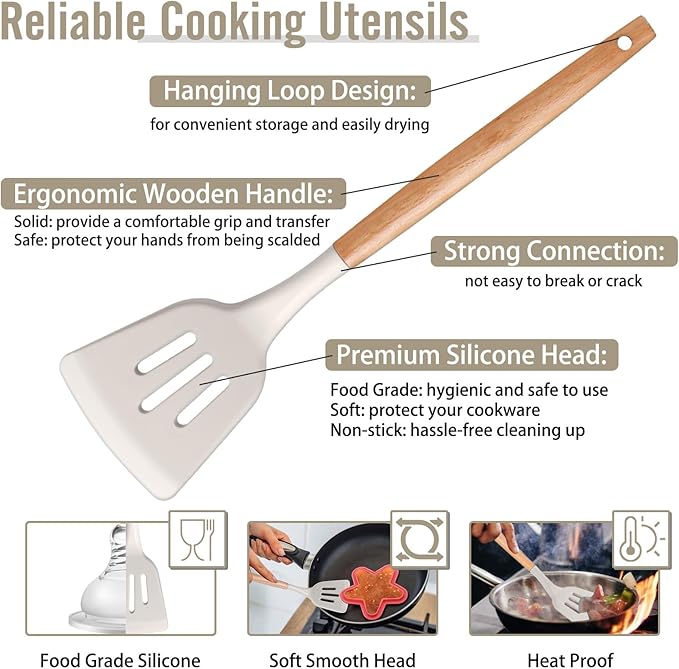P&P CHEF Cooking Utensils Set, 6 PCS Kitchen Utensils with Wooden Handle, Silicone Spatula for Nonstick Cookware, Easy Clean & Non-toxic, Khaki