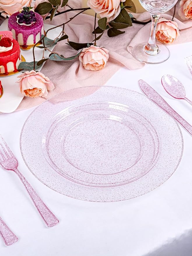 WDF 200PCS Pink Plastic Plates - Rose Gold Glitter Plastic Plates - Heavy Duty Pink Glitter Disposable Plates - Include 100 Dinner Plates 10" and 100 Dessert Plates 7" for Parties/Wedding
