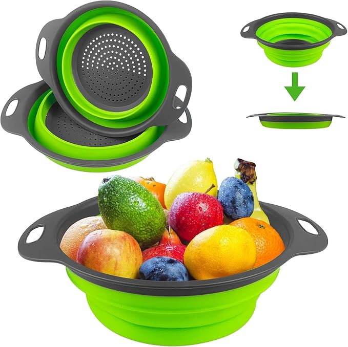 Collapsible Colander Set of 3 Round Silicone Kitchen Strainer Set 1 pcs 7 Quart, 1 pcs 4 Quart,1 pcs 2 Quart Perfect for Draining Pasta, Vegetable and fruit for Kitchen and Travel Use (Round)