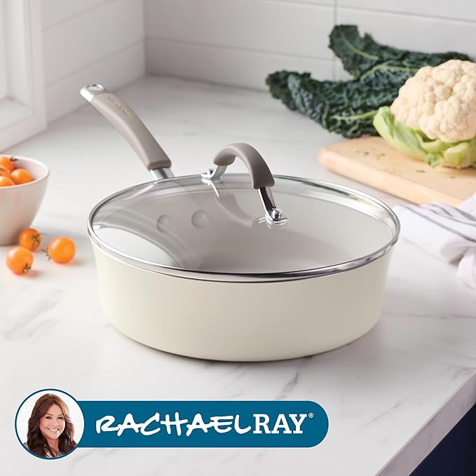 Rachael Ray Cucina Ceramic Nonstick Saute Pan with Lid, 3 Quart Non Stick Sauteuse Pan, Dishwasher Safe - Almond