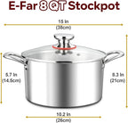 E-far 8 Quart Stock Pot with Lid, 18/10 Tri-ply Stainless Steel Stockpot for Induction Ceramic Gas Stoves, Heavy Duty Cooking Pot for Pasta Soup Stewing Simmering, Oven and Dishwasher Safe