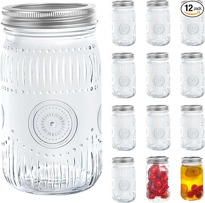 Amzcku 32oz Vintage Mason Jars with Lids, Wide Mouth Quart Canning Jar 12 Pack