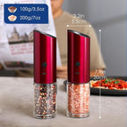 Vzaahu Gravity Electric Pepper and Salt Grinder Set of 2 - Rechargeable, Refillable, Adjustable Coarseness, Stainless Steel Seasalt Peppermill with LED light - One Hand Operation (Red)