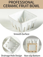 Gomakren Fruit Bowl with Holes, Ceramic Berry Basket Set of 2, 5.7 Inch Square Fruit Basket for Kitchen, Berry Containers Colander - Farmhouse Kitchen Decor, White