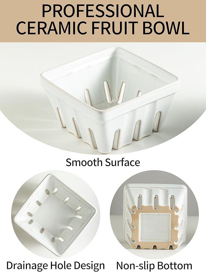 Gomakren Fruit Bowl with Holes, Ceramic Berry Basket Set of 2, 5.7 Inch Square Fruit Basket for Kitchen, Berry Containers Colander - Farmhouse Kitchen Decor, White