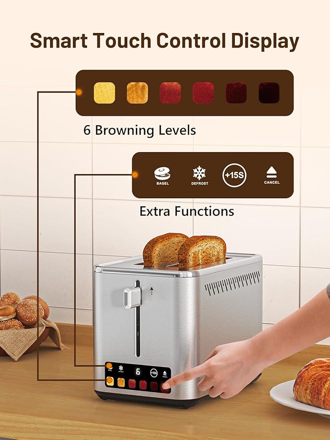 Touch Screen 2-Slice Toaster with 6 Browning Levels, Bagel, Defrost & Timer, Wide 1.5" Slots, Removable Crumb Tray, 900W Stainless Steel Smart Toaster for Bagels, Breads & Waffles