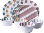 Gibson Home Cottage Stripes 12 Piece Unbreakable Melamine Plates and Bowls Dinnerware Set - Outdoor, Camping, & Everyday Use - Assorted Colors