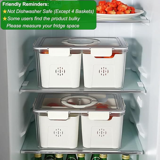 Taiuloo Airtight Fruit Storage Containers for Fridge with Lid & Handle, BPA-Free Snack Box Container with 4 Removable Colanders, Berry Vegetable Fresh Produce Saver, Clear Refrigerator Organizer Bins