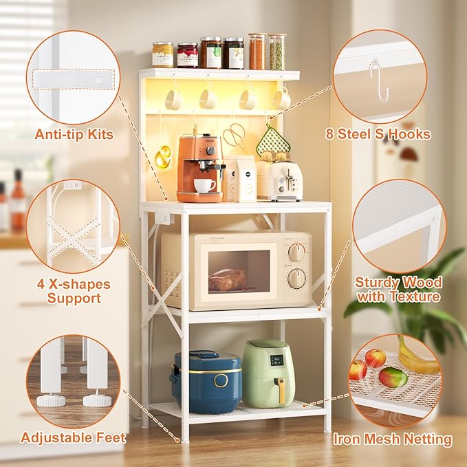 Kitchen Bakers Rack with Power Outlet & LED Lights, Small Coffee Bar Table with Adjustable Storage Shelf, 4 Tiers Microwave Stand with 8 Hooks, Coffee Station for Appliance Organizer, White