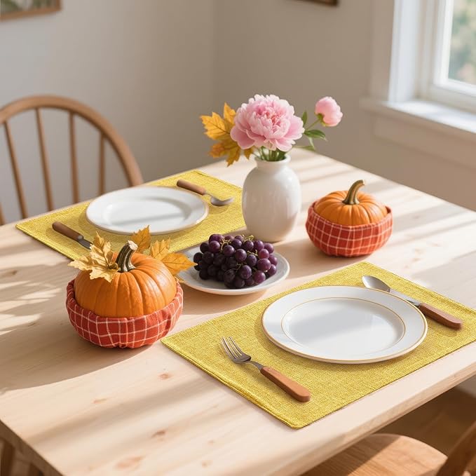 Homaxy Cloths Placemats for Dining Table Set of 4, Heat Resistant Washable Cotton Linen Blend Table Mats, Ideal for Kitchen Party Dining Decoration, 13" x 19", Mustard Yellow