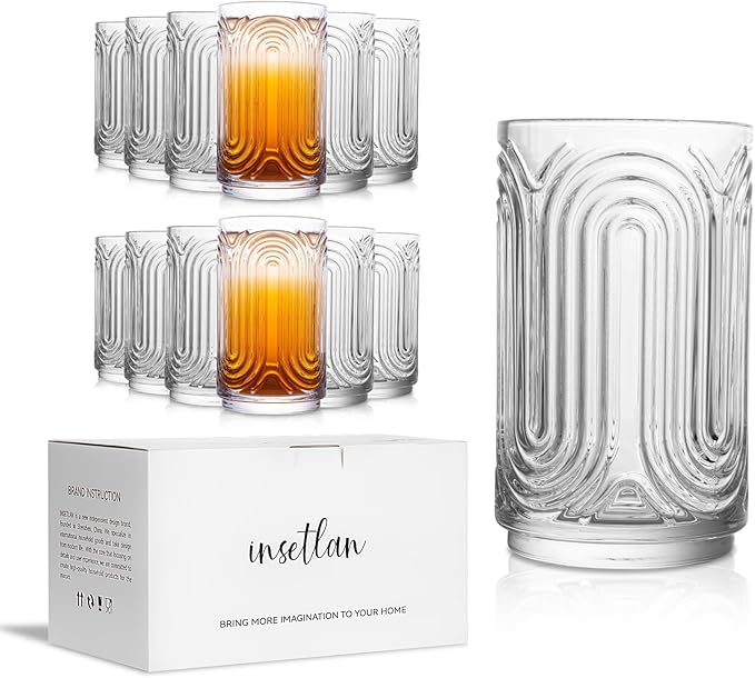 INSETLAN Set of 12 Vintage Glassware - 14 oz Water Drinking Glasses, Art Deco Ripple Glass Cup, Cocktail Glasses, for Bar Beverages, Iced Coffee, Juice, Housewarming Presents, New House Essentials