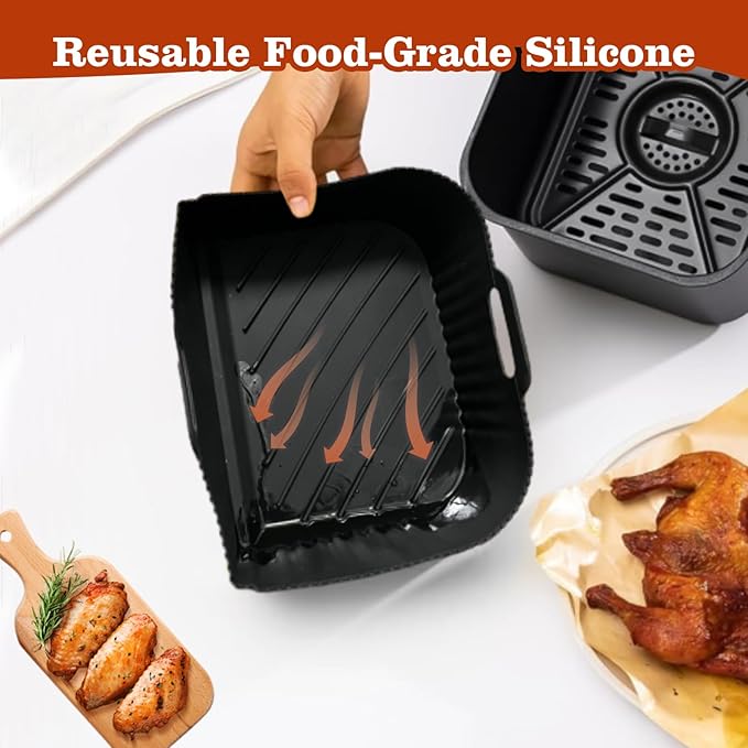 Silicone Air Fryer Liners for Ninja DZ071 (3.5qt x2 + 7qt x1) | 10-Piece Air Fryer Accessories Set with Oil Brush, Gloves, Food Clips, Scraper & Grill Mats | Dishwasher Safe, BPA-Free (Black)