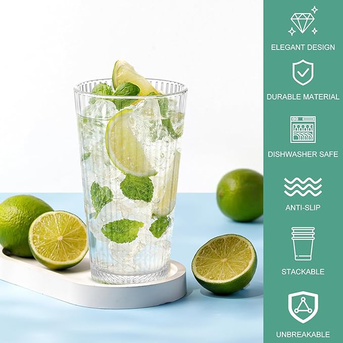 Topsky 20-ounce Plastic Water Tumblers | Set of 4 Transparent Unbreakable Drinking Glasses Clear Acrylic Reusable Juice Wine Cups for Home Picnic Party, Dishwasher Safe, Stackable (Transparent)