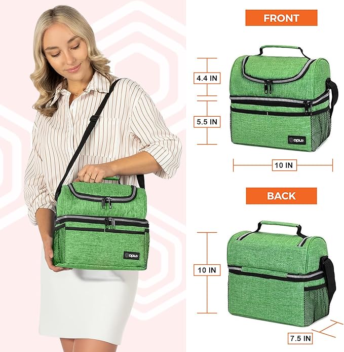 OPUX Lunch Box For Men Women, Insulated Large Lunch Bag Adult Work, Double Decker Lunchbox Meal Prep, Dual Compartment Leakproof Lunch Cooler, Soft Lunch Pail Tote Boys Girls Kids School, Green 12L