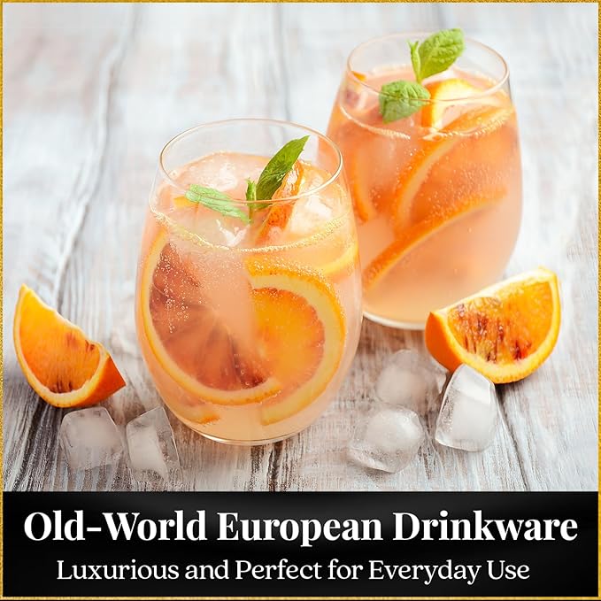 Set of 8 European-Made Stemless Wine Glasses | Voted New York Times Best Stemless Glass of 2017 | 17 FL Oz. | 100% Lead-Free Crystal | Thin | Dishwasher-Safe | Gift Box | Perfect for Everyday Use