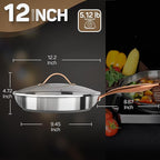 12 Inch Tri-Ply Stainless Steel Frying Pan with Lid, Professional Quality Skillet Suitable for All Stove, Oven and Dishwasher Safe, PFOA PTFE PFOS Free, Fast and Even Heating