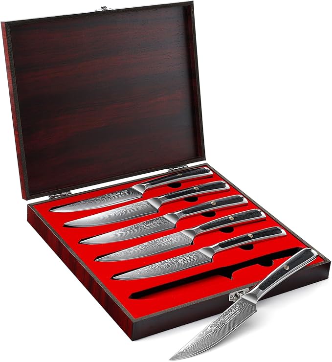 Sunnecko Damascus Steak Knives Set of 6 Non Serrated, Japanese VG10 Stainless Steel Steak knives Dishwasher Safe, 5 Inch Steak Knives G10 Handle with Wood Gift Box