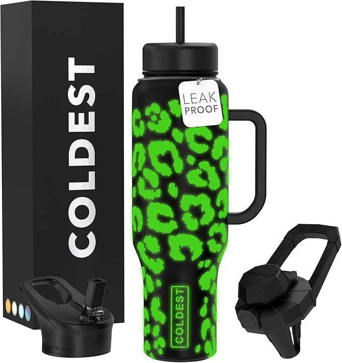 Coldest Tumbler with Handle and Straw, 100% Leak Proof Insulated Tumbler with Lid and Straw (3 Lids), Stainless Steel Tumblers for Women & Men, Cup Holder Friendly, 46 oz (Glowie Leopard)