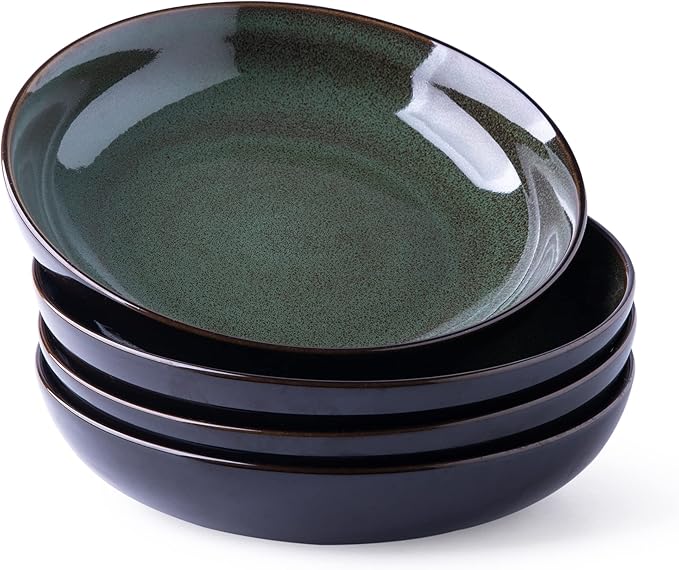 LERATIO 9.0" Pasta Bowls,38oz Ceramic Pasta Bowls,Reactive Glaze Pasta Bowl Set of 4,Microwave & Dishwasher,Oven Safe,Large Wide Serving Bowls for Salad, Dessert,Scratch Resistant-Green