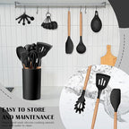 HaWare Kitchen Cooking Utensils Set, 23-Piece Silicone Kitchen Utensils Spatula Set with Holder, Heat Resistant Wooden Handle Kitchen Gadget for Nonstick Cookware, Food-grade Turner Spoon Sets (Black)