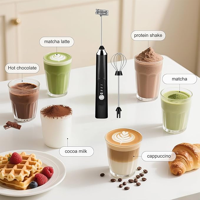 BEoffer Milk Frother Handheld Rechargeable 2000mAH Power Frother Wand Electric Foam Maker with 2 Stainless Whisks 3 Speeds Drink Mixer Coffee Frother for Latte, Cappuccino, Matcha, Hot Chocolate, Egg