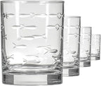 Rolf Glass School of Fish 13oz Double Old Fashioned Glass | Whiskey Glass Set of 4 | Lead-Free Glass | Engraved Tumbler Glasses | Designed and Engraved in the US