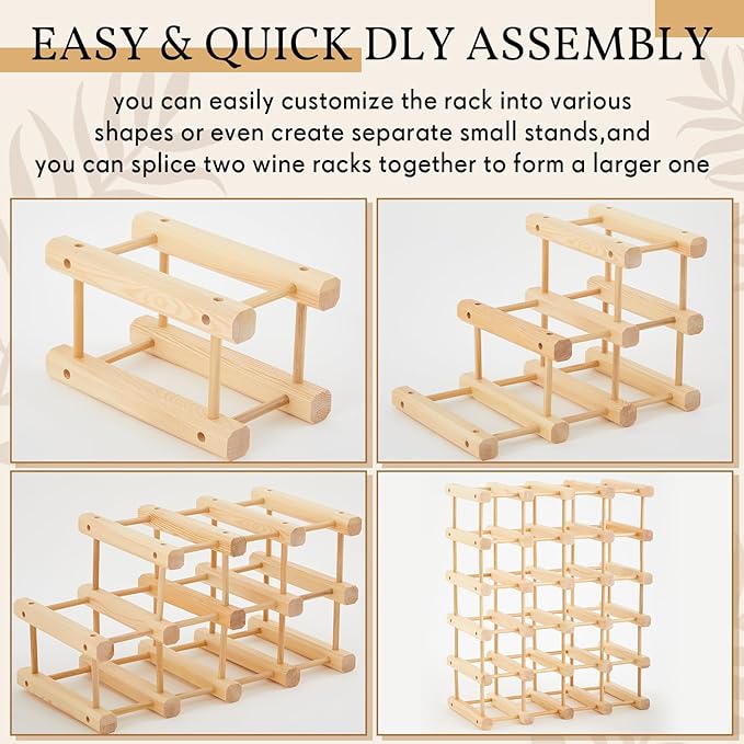 Juexica 12 Bottles Wooden Wine Rack Stackable Modular Storage Racks DIY Assembly Wine Bottle Holder for Inside Cabinet Countertop Cellar Racks(2 Pack)