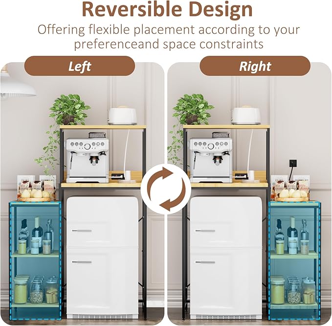 Mini Fridge and Microwave Stand Over Refrigerator Storage Shelf with Power Outlet, 5 Tiers Adjustable Bakers Rack Cabinet Coffee Bar Appliance Organizer for Dorm Office,Natural