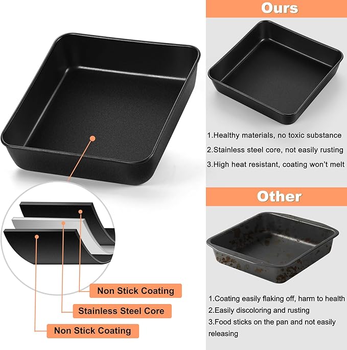 TeamFar Square Baking Pan, 8Inch Cake Tin with Lid with Stainless Steel Core & Nonstick Coating, for Baking Roasting Serving, Non-toxic, Easy to Release & Clean- (1 Pan + 1 Lid)
