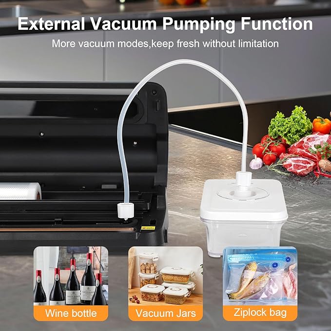 Vacuum Sealer for Food, 90Kpa 7-IN-1 Food Vacuum Sealer Machine Dry/Moist/Gentle Mode, Automatic Food Sealer with Build-in Cutter and Storage, 15pcs Pre-cut Bags, Bag Roll, Vaccum Hose