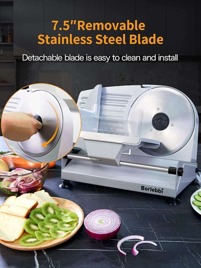 Meat Slicer, 200W Electric Food Slicer with 2 Removable 7.5" Stainless Steel Blades and Stainless Steel Tray, Child Lock Protection, Adjustable Thickness, Food Slicer Machine for Meat Cheese Bread